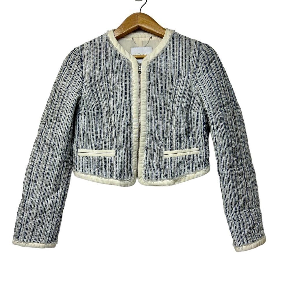 ADAM ADAM LIPPES TWEED OPEN BLAZER JACKET BLUE/CREAM‎ SIZE XS academia Quilted